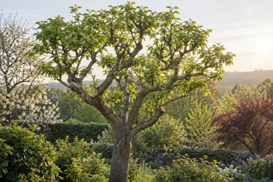 Arbre taillé en forme d'éventail avec branches épaisse et feuillage clair dans un jardin.