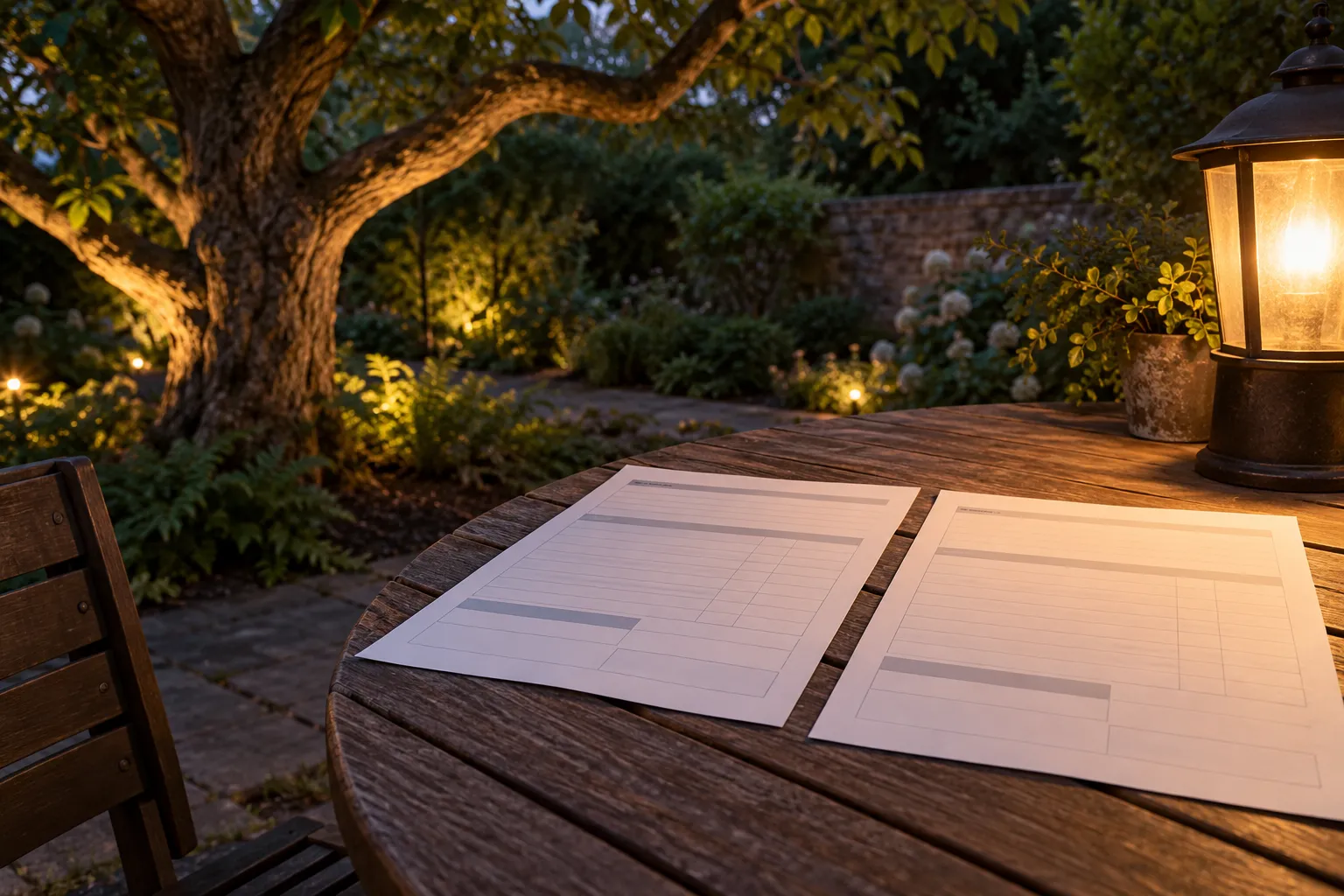 Deux devis d’élagage posés sur une table en bois sous une lumière chaleureuse en plein air.