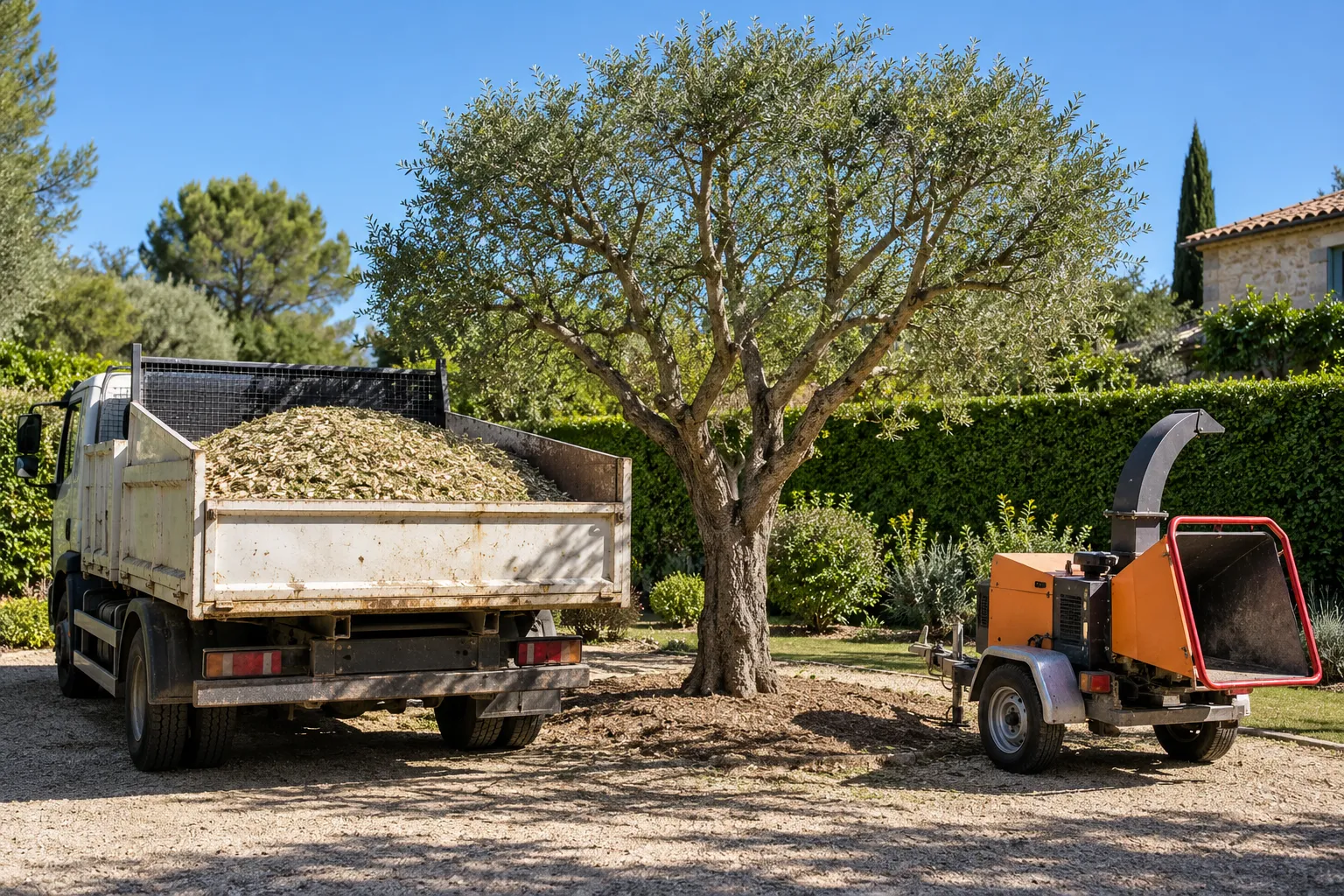 Ébranchement d’arbre et chargement du bois dans une benne près d’un véhicule, avec une machine de broyage stationnée à côté.