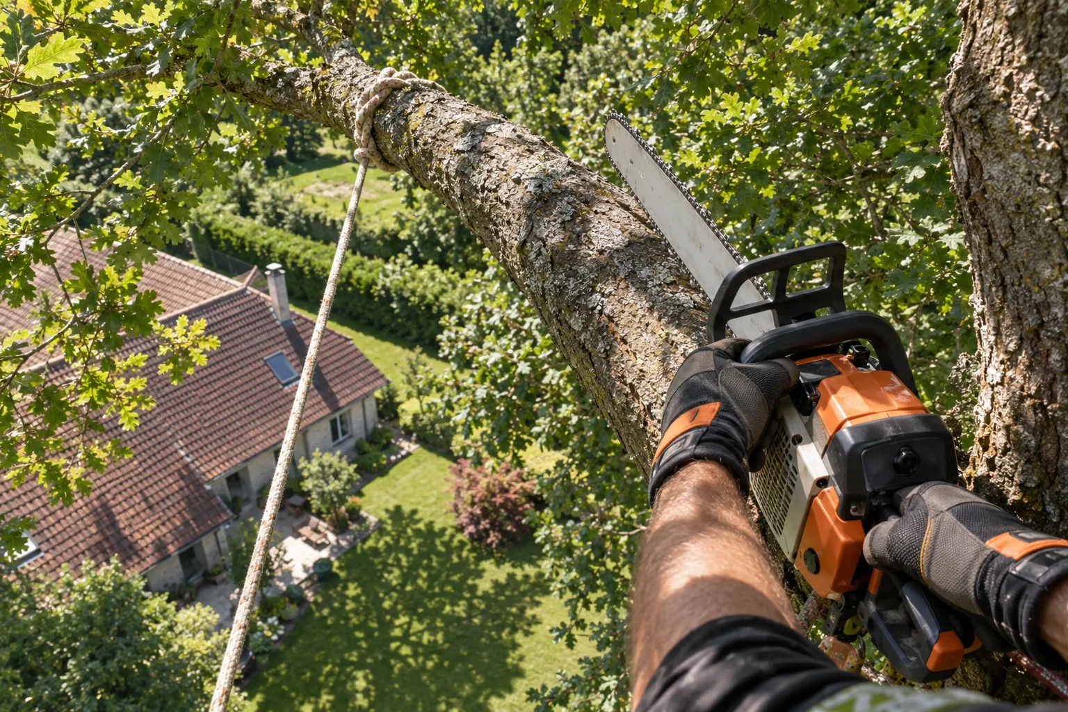 Ébranchement d’un arbre avec une tronçonneuse tenu par un ouvrier en hauteur sur une échelle ou une corde attachée, vue du