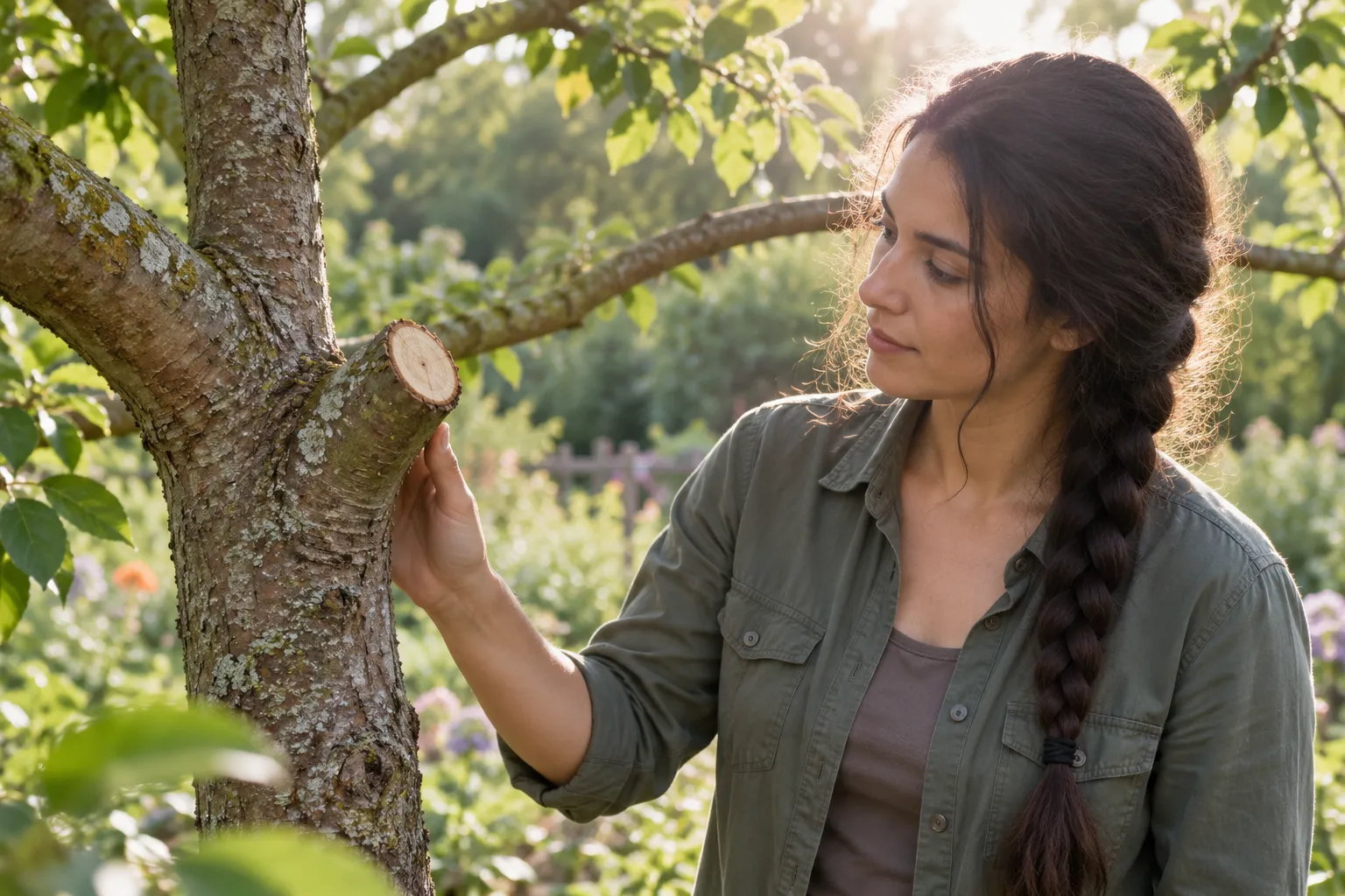 Femme regardant et touchant une branche d’arbre en train de reprendre une coupe.