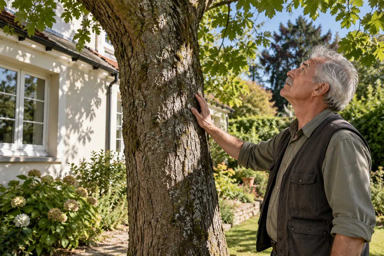 Un homme âgé caresse le tronc d’un grand arbre au jardin près d’une maison.