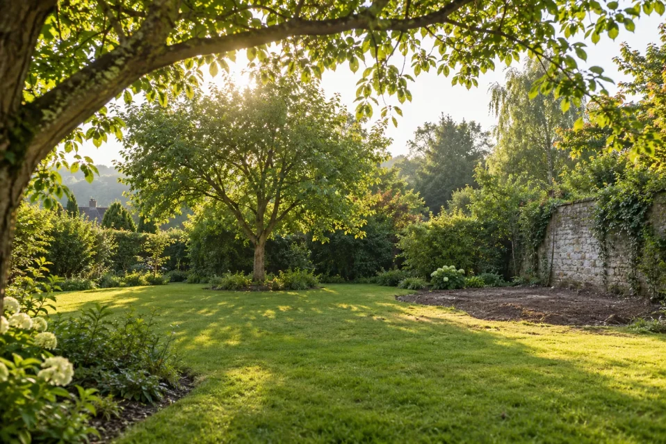 Un jardin avec des arbres et une pelouse éclairés par le soleil, près d’un mur de pierre.