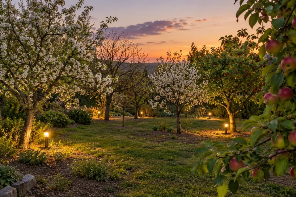 Jardin fruitier en fin d’après-midi avec des arbres en fleurs et une rangée de lampes éclairant le terrain.