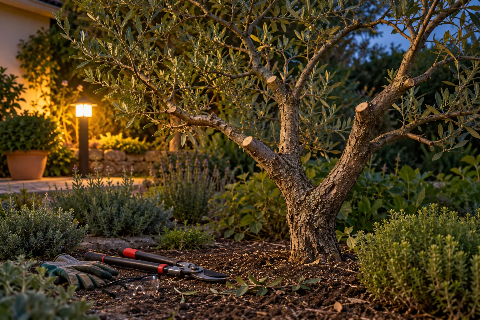 Outils de jardinage posés près d’un arbre fruitier taillé, prêt pour la taille.
